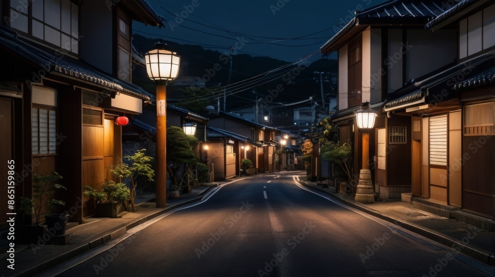 The beautiful night atmosphere of the streets in Japan with beautiful lights and wooden houses The beautiful night atmosphere of the streets in Japan with beautiful lights and wooden houses