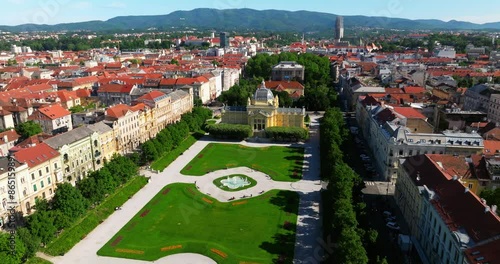 Art Pavilion And King Tomislav Fountain Park In Zagreb, Croatia. Aerial Wide Shot photo