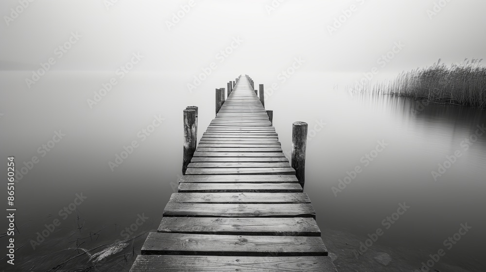 Obraz premium Gray Serenity: Wooden Piers Stretching into Misty Waters