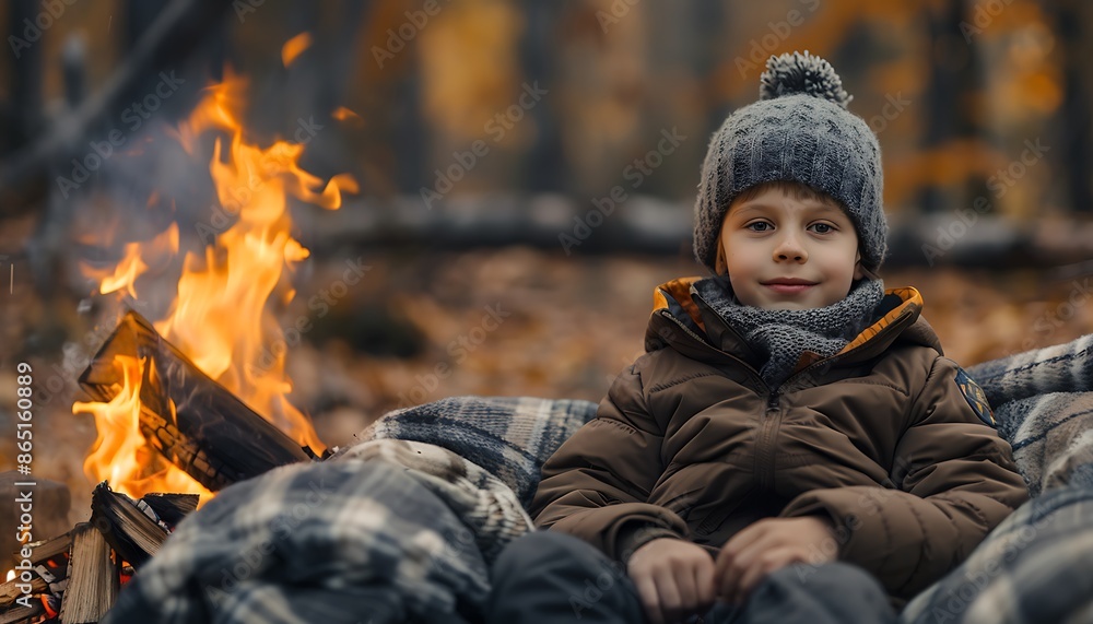 Little boy sitting near bonfire in the forest. Camping concept Little boy sitting near bonfire in the forest. Camping concept