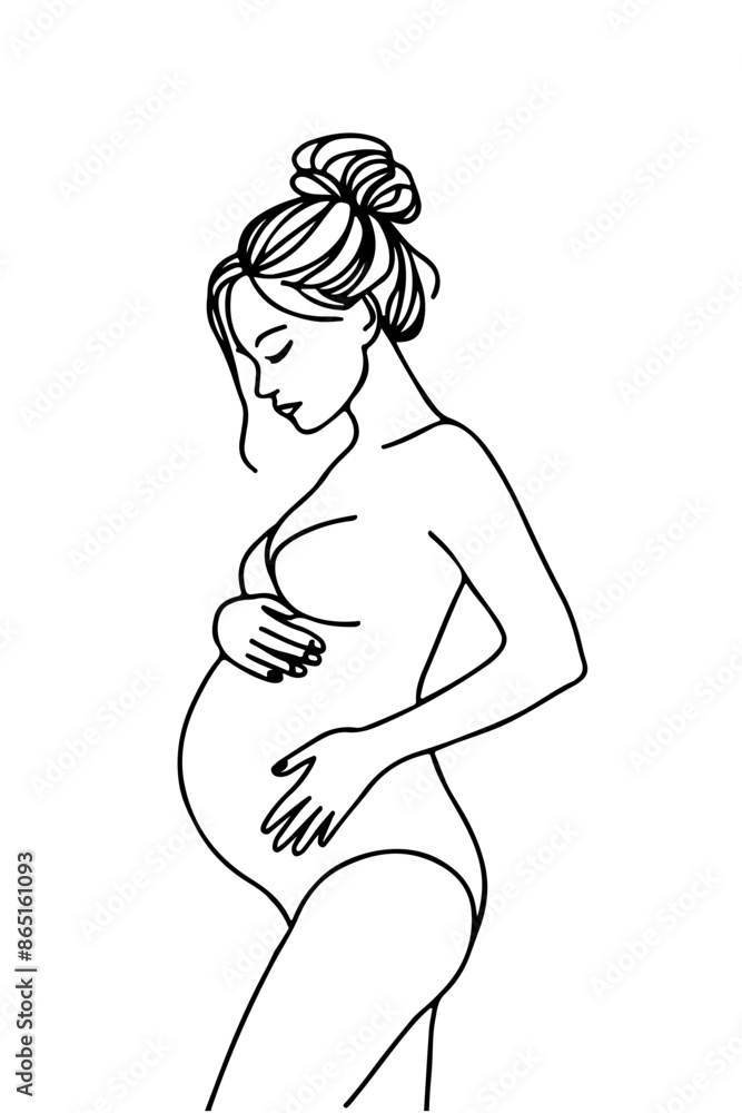 Fototapeta premium A minimalist, black single line drawing of a pregnant woman. She is depicted in a side profile, with her hand gently touching her belly. Her hair is styled in a bun, and she appears to be in a contemp