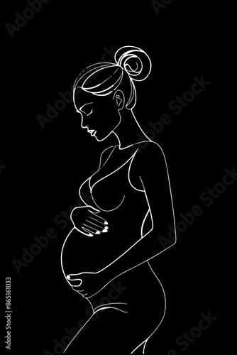 A minimalist, black single line drawing of a pregnant woman. She is depicted in a side profile, with her hand gently touching her belly. Her hair is styled in a bun, and she appears to be in a contemp