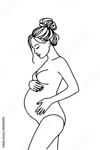 A minimalist, black single line drawing of a pregnant woman. She is depicted in a side profile, with her hand gently touching her belly. Her hair is styled in a bun, and she appears to be in a contemp