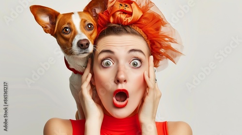 Bright fashion Fantastical excited woman with dogs head looking surprised at camera isolated on grey background Comparison of art surrealism beauty and creativity ad Queer style : Generative AI photo