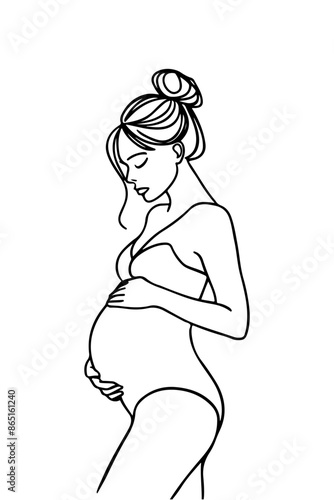 A minimalist, black single line drawing of a pregnant woman. She is depicted in a side profile, with her hand gently touching her belly. Her hair is styled in a bun, and she appears to be in a contemp