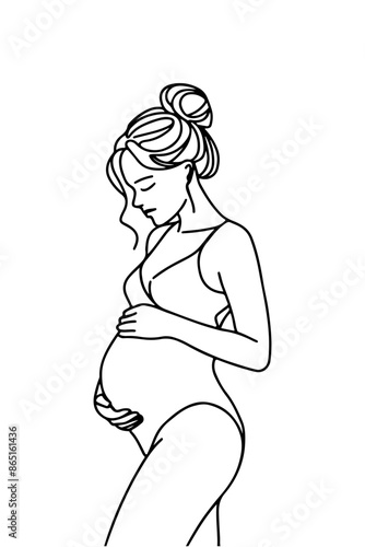 A minimalist, black single line drawing of a pregnant woman. She is depicted in a side profile, with her hand gently touching her belly. Her hair is styled in a bun, and she appears to be in a contemp