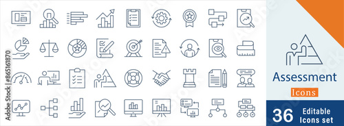 Assessment editable stroke outline web icons set. Audit, analysis, plan, line icons, quality control, evaluation, quality process, result and goal. Vector illustration
