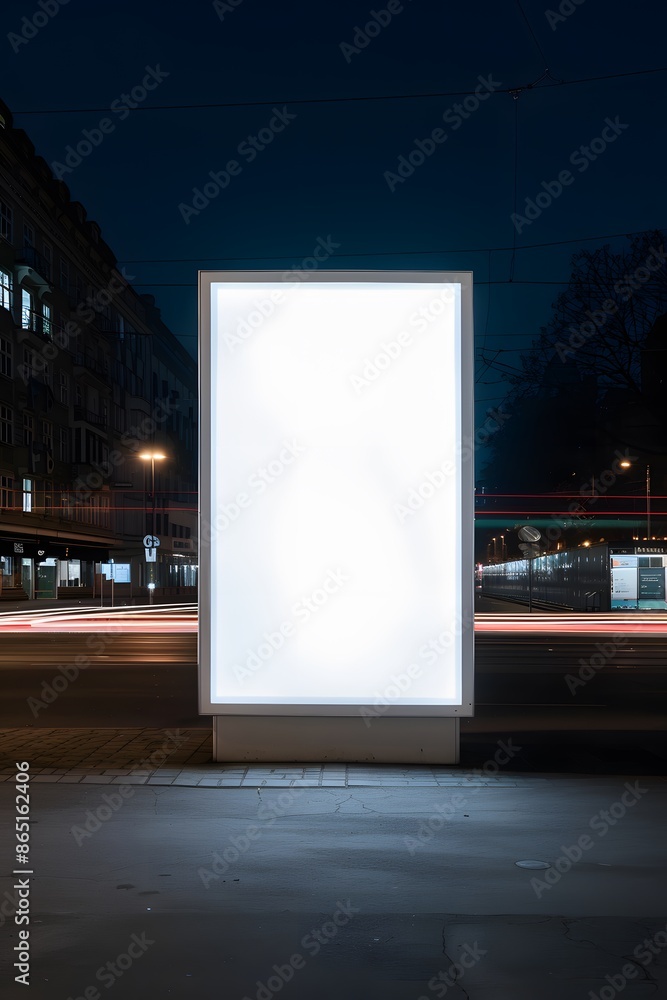 Illuminated blank billboard at night in urban setting, perfect for advertisements and creative designs. Illuminated blank billboard at night in urban setting, perfect for advertisements and creative designs.