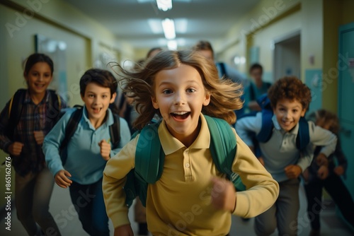 Excited children running in school hallway © robertuzhbt89