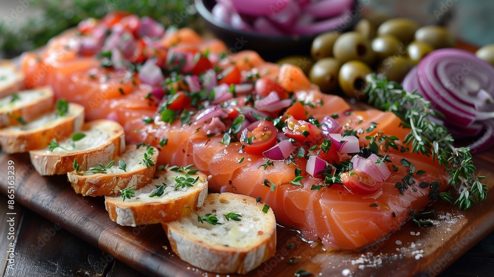 Homemade board with olives, red fish slices, red onion and herbs with bread Homemade board with olives, red fish slices, red onion and herbs with bread