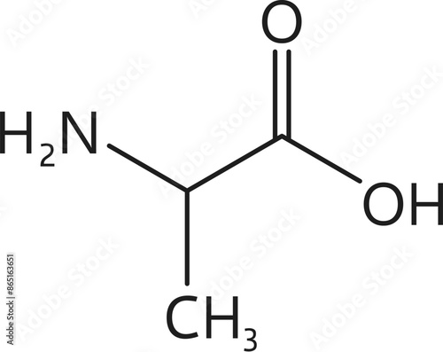 Alanine amino acid chemical molecules, essential chain structure CH3CHNH2COOH. Vector scientific model or educational formula, contains a methyl group, amine group, carboxyl group and central carbon