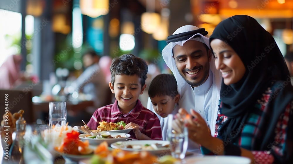 In a modern restaurant an Islamic couple and their children joyfully await their iftar meal during the holy month of Ramadan embodying familial harmony and cultural celebration amidst : Generative AI In a modern restaurant an Islamic couple and their children joyfully await their iftar meal during the holy month of Ramadan embodying familial harmony and cultural celebration amidst : Generative AI