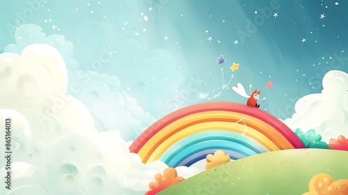 Cute cartoon character sits on a colorful rainbow against a blue sky with clouds.