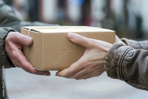 Hands handing over a package to a customer.