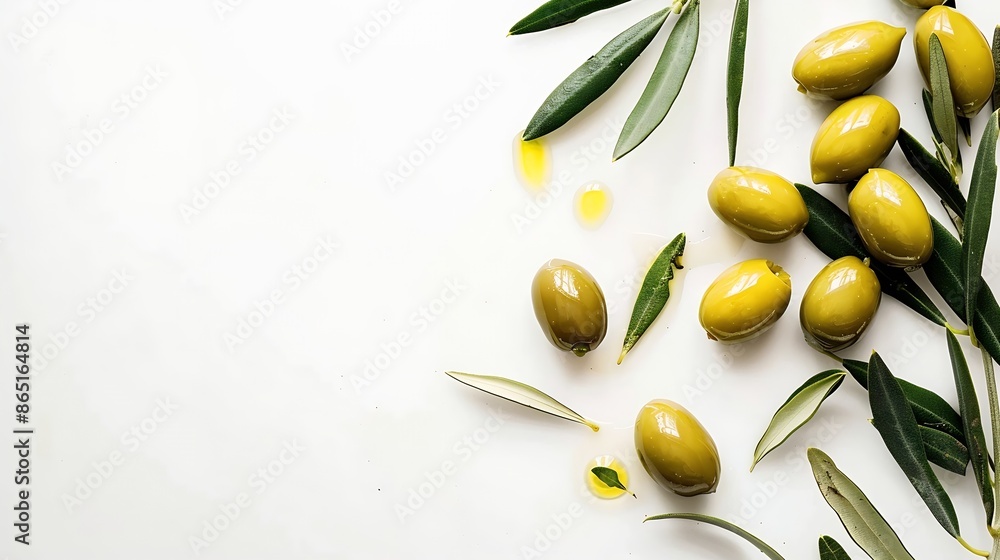 Delicious green olives isolated on white background Olive and olive tree branches on a white table Delicacy : Generative AI Delicious green olives isolated on white background Olive and olive tree branches on a white table Delicacy : Generative AI
