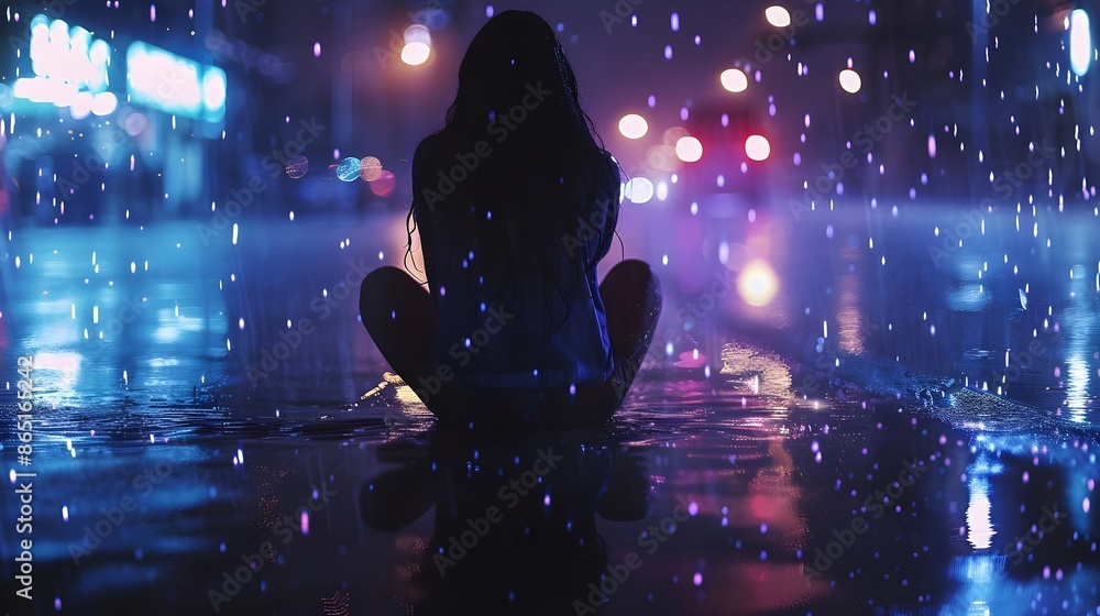 Sad woman in heavy rain, night with the reflections of lights on the ground Sad woman in heavy rain, night with the reflections of lights on the ground