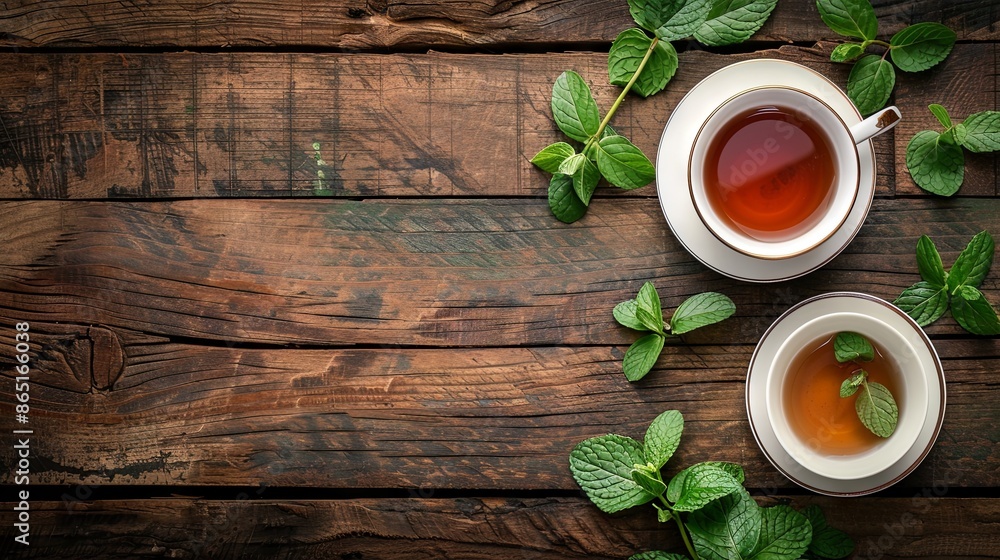 Cup of tea with green herbal tea on wooden background Cup of tea with green herbal tea on wooden background