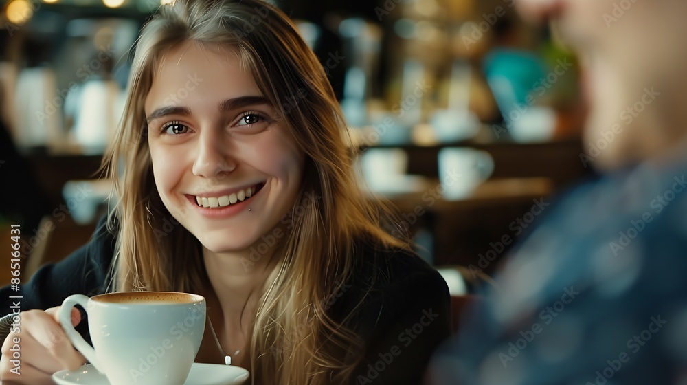 Smiling businesswoman having a cup of coffee with a collegue : Generative AI Smiling businesswoman having a cup of coffee with a collegue : Generative AI