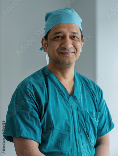 indian male general surgeon wearing scrubs