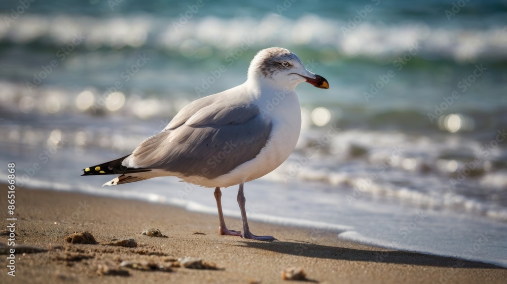 A seagull standing on the beach looking at the water and sand with a wave coming in the background, A seagull standing on the beach looking at the water and sand with a wave coming in the background,