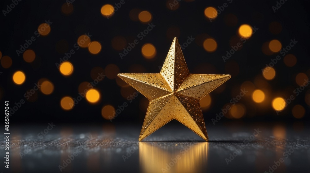 A shiny golden star surrounded by twinkling bokeh lights. A shiny golden star surrounded by twinkling bokeh lights.