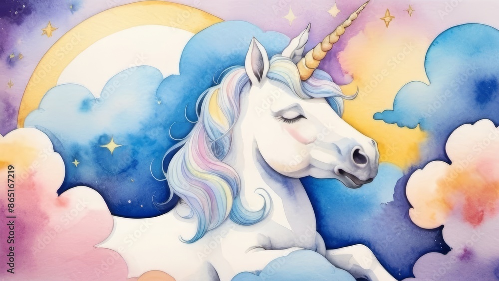 Fototapeta premium A watercolor painting of a unicorn with a vibrant blue mane, gracefully standing in a mystical landscape.