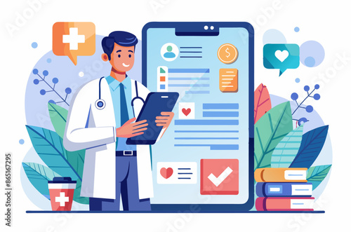 A doctor is standing with a clipboard in front of a cell phone. A doctor is standing and looking at a clipboard with a cell phone screen. The scene conveys use of technology in a medical setting