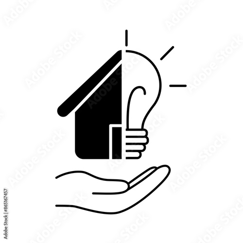 Line art hand hold house with lightbulb icon and house icon. Energy efficiency concept