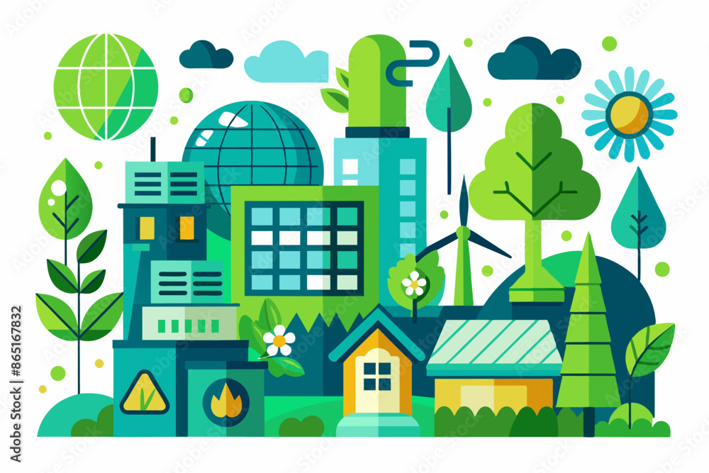 Naklejka premium Illustration of a green city with buildings, trees, windmills, and a globe. In the image is a green city with buildings, trees, windmills, and a globe, showcasing urban design and a blend of nature 
