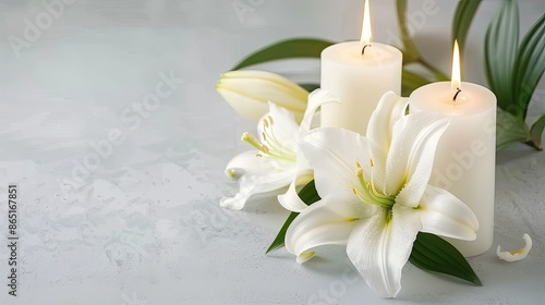Two clear glass candle holders, each containing a lit white candle, rest amongst white lilies and green leaves