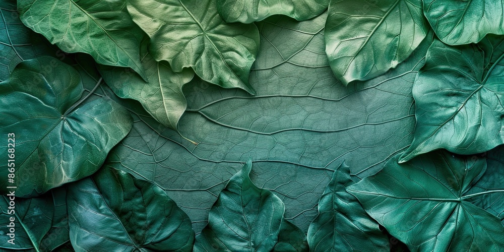 custom made wallpaper toronto digitalTextured abstract art showcasing a series of green leaves on a cracked, deep green surface.