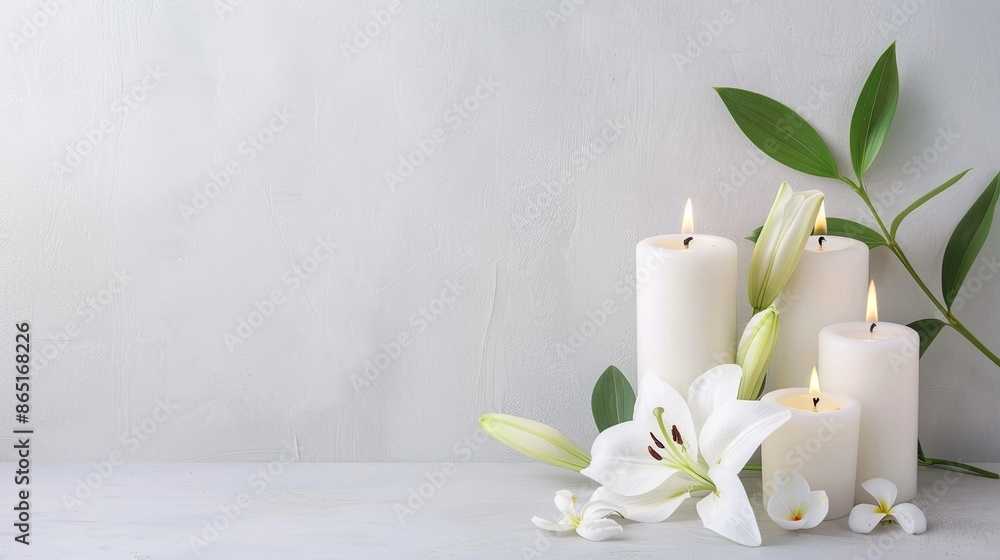 Two clear glass candle holders, each containing a lit white candle, rest amongst white lilies and green leaves Two clear glass candle holders, each containing a lit white candle, rest amongst white lilies and green leaves