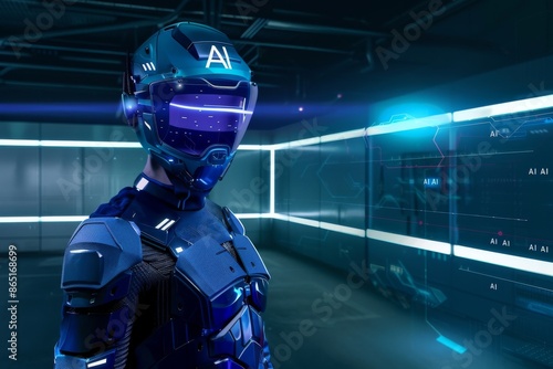 AI Robot in Futuristic Environment, High tech Technology, Blue Light, Digital Innovation, Artificial Intelligence © Leo