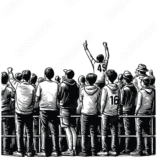 hand drawn silhouette football fans or football supporter illustration for poster and banner. engraving black and white football fans holding flag vector illustration