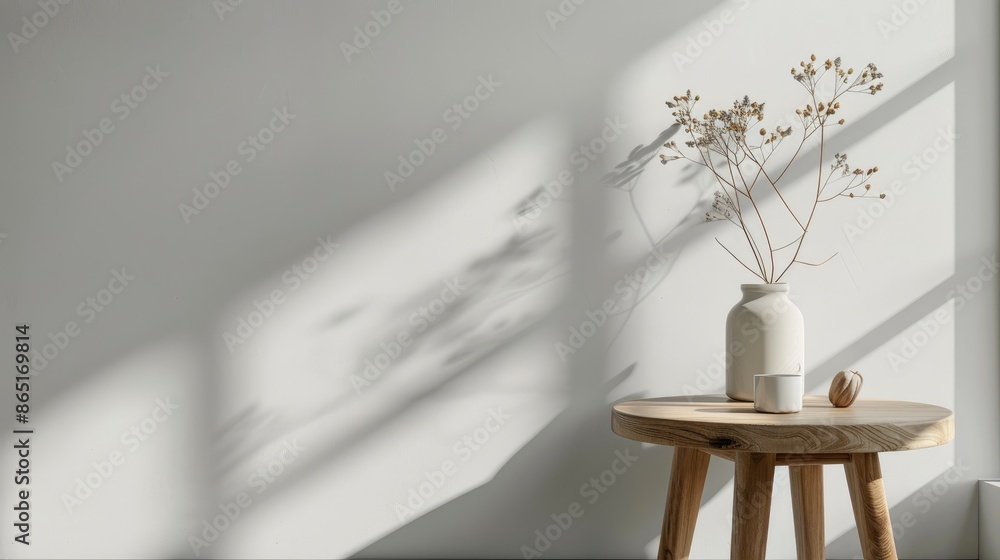 Minimalistic stationery mockup with rustic elements on wooden stool against white wall Minimalistic stationery mockup with rustic elements on wooden stool against white wall
