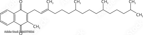 Vitamin k1 or phylloquinone formula, comprising a 2-methyl-1,4-naphthoquinone ring system. Its chemical formula is c31h46o2. Isolated vector structure essential for blood clotting and bone metabolism