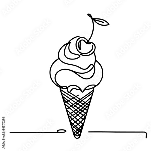 Sweet Delight: One Line Ice Cream with Cherry. Continuous one line drawing of ice cream with cherry. Ice cream gelato outline vector illustration.