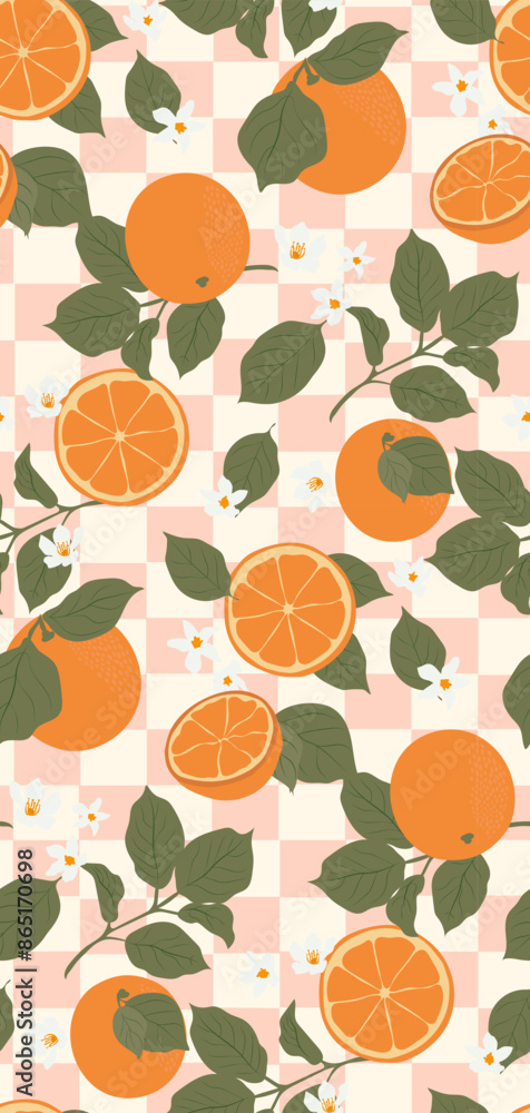 Groovy orange fruits seamless pattern. Cute oranges and leaves on pink checkered background. Vector illustration. Groovy orange fruits seamless pattern. Cute oranges and leaves on pink checkered background. Vector illustration.