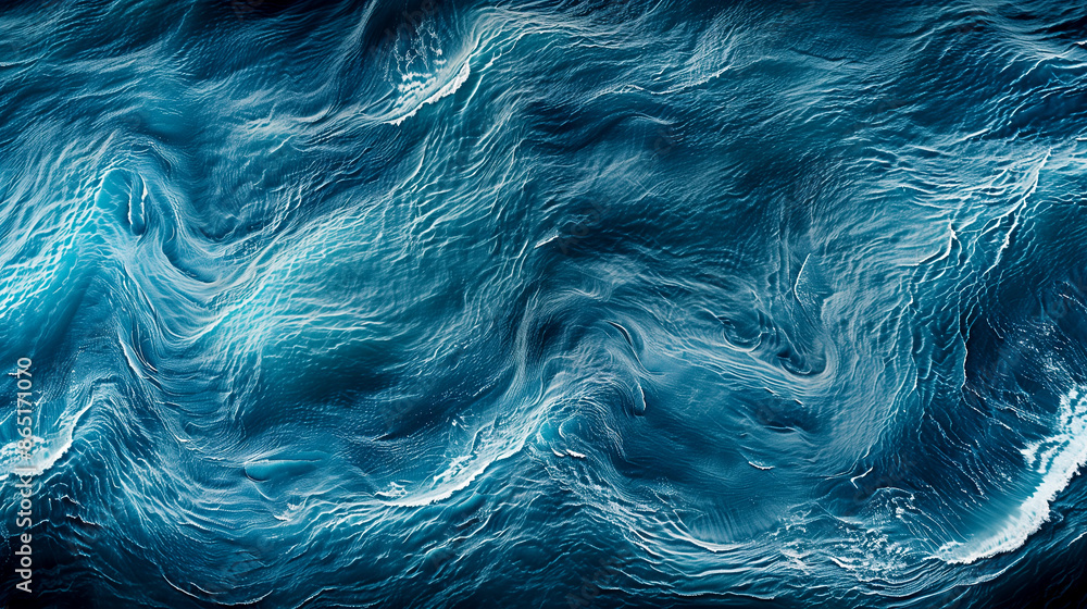 Fototapeta premium The image is of a large body of water with a blue and white color scheme. The water appears to be choppy and has a wavy texture