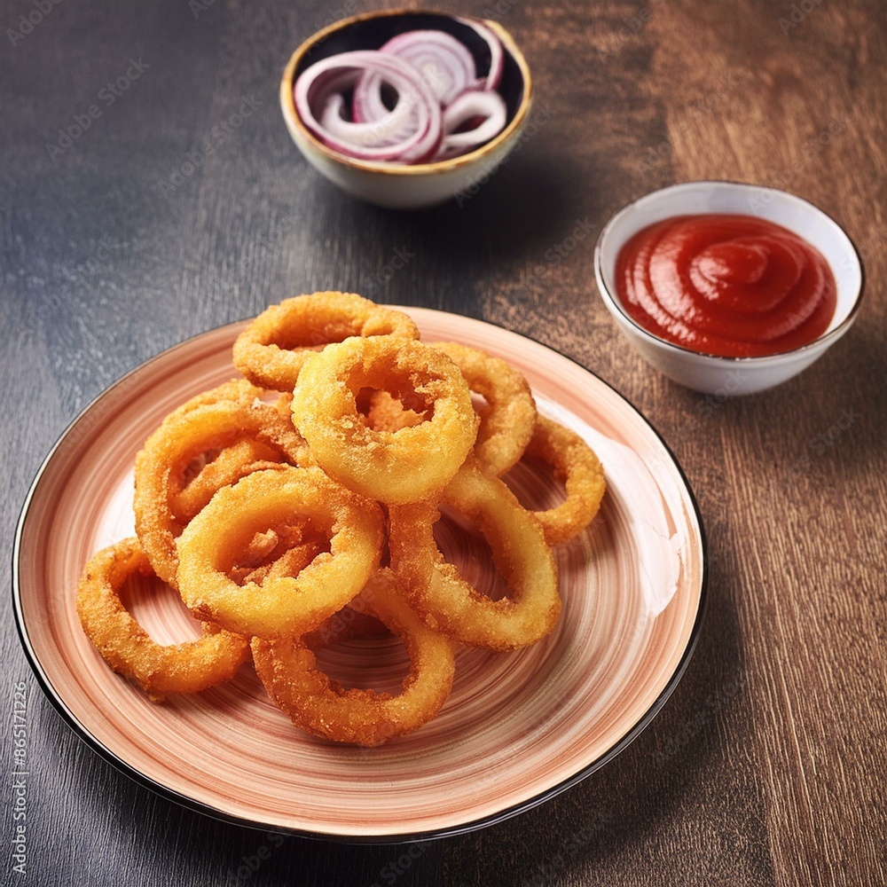 Homemade crunchy deep fried onion rings in plate with sauce Homemade crunchy deep fried onion rings in plate with sauce