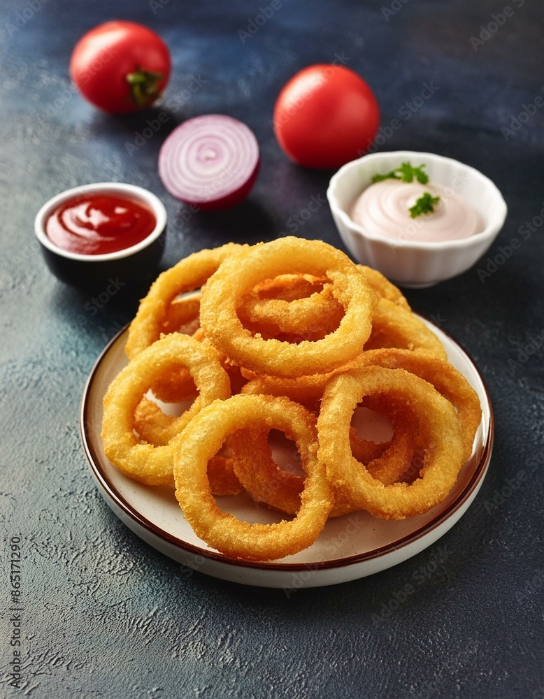 Homemade crunchy deep fried onion rings in plate with sauce Homemade crunchy deep fried onion rings in plate with sauce