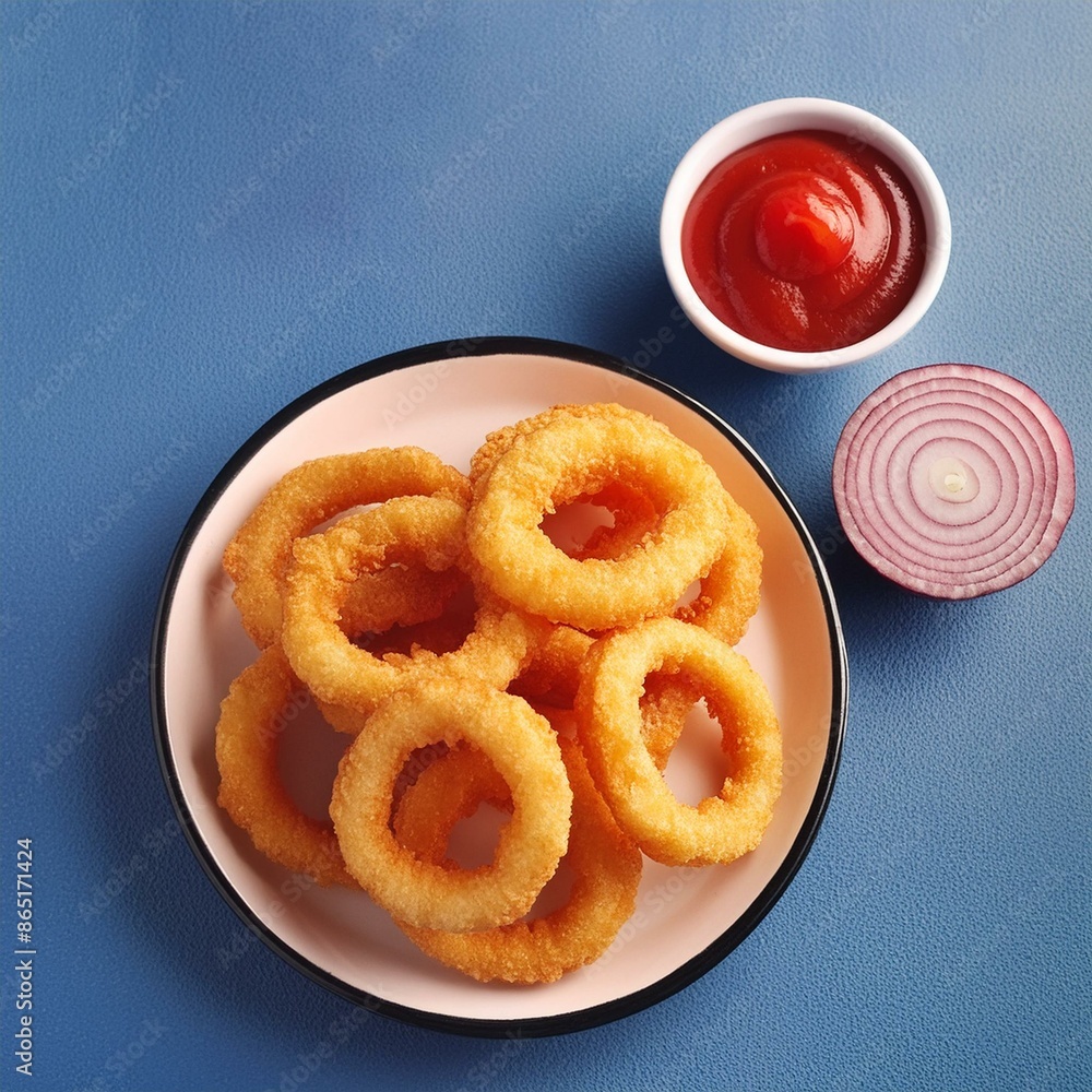 Homemade crunchy deep fried onion rings in plate with sauce Homemade crunchy deep fried onion rings in plate with sauce