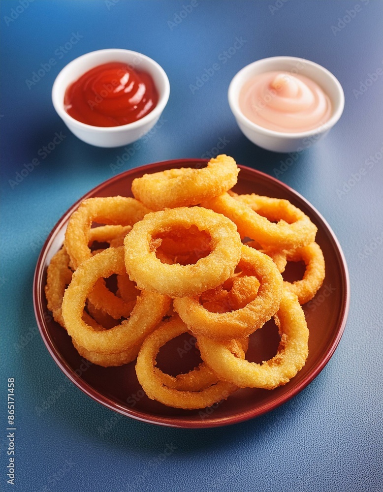 Homemade crunchy deep fried onion rings in plate with sauce Homemade crunchy deep fried onion rings in plate with sauce