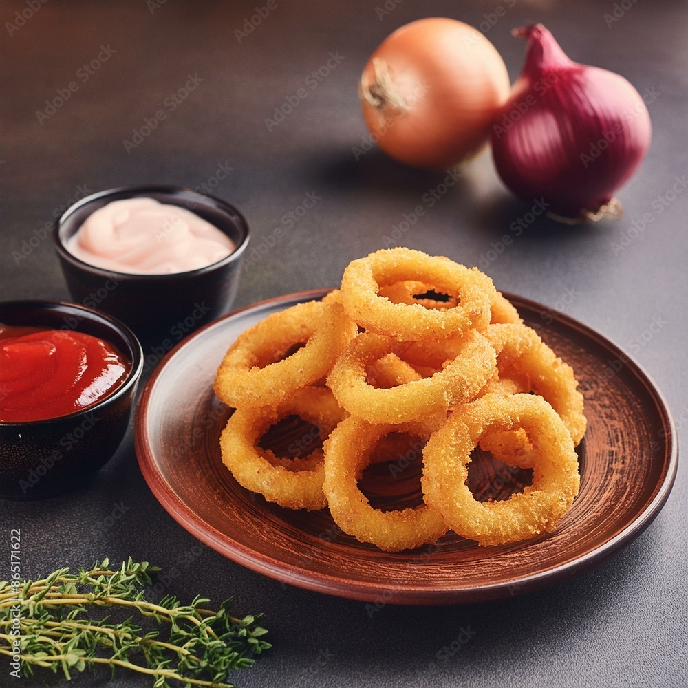 Homemade crunchy deep fried onion rings in plate with sauce Homemade crunchy deep fried onion rings in plate with sauce
