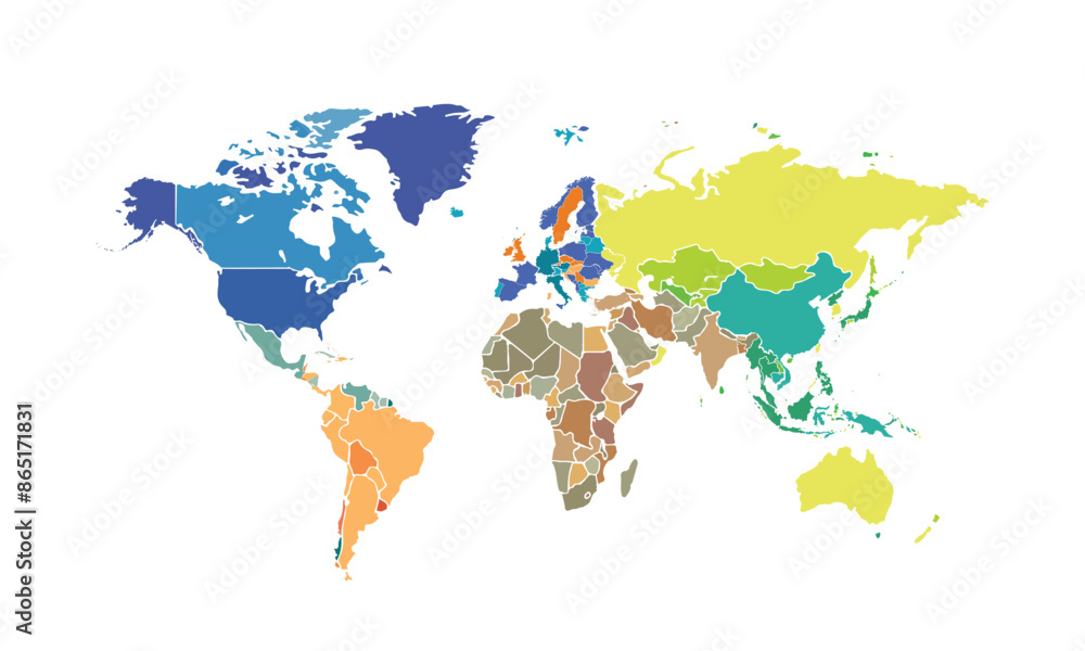 Naklejka premium World map isolated modern colorful style. for website layouts, background, education, precise, customizable, Travel worldwide, map silhouette backdrop, earth geography, political, reports.