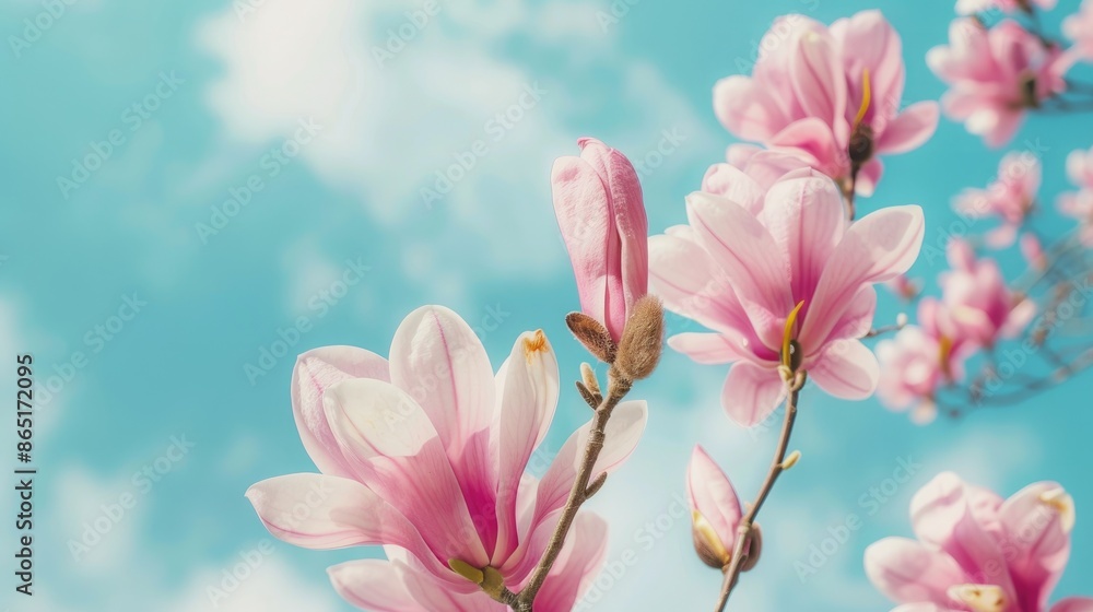 Pink magnolia blossom set against a blue sky Pink magnolia blossom set against a blue sky