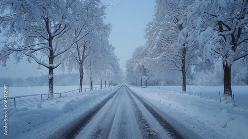 A snowy road with trees in the background