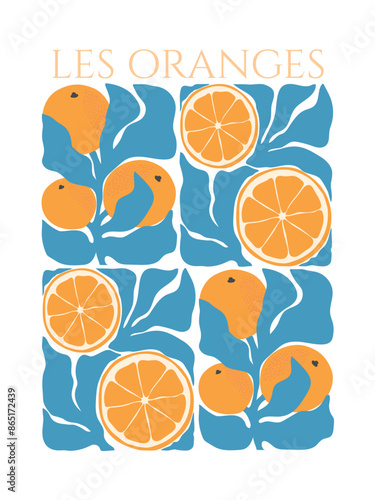 Abstract Les Oranges poster. Retro groovy orange fruit design for wall prints. Aesthetic citrus vector illustration.