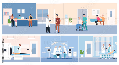 Hospital interior with doctors and patients. Reception at the polyclinic, reception rooms, operating room. Treatment of sick patients. Vector illustration