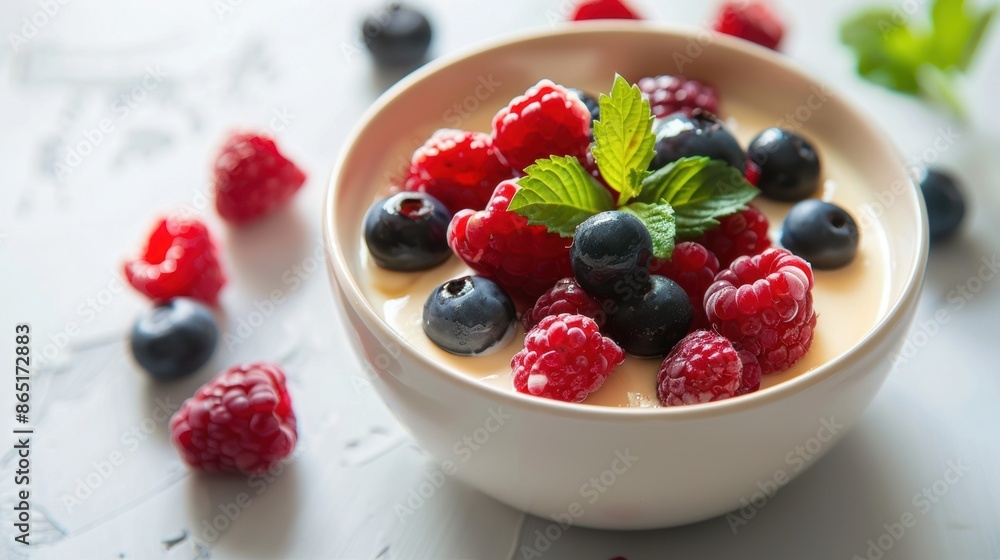 A Delicious Bowl of Panna Cotta with Fresh Berries A Delicious Bowl of Panna Cotta with Fresh Berries